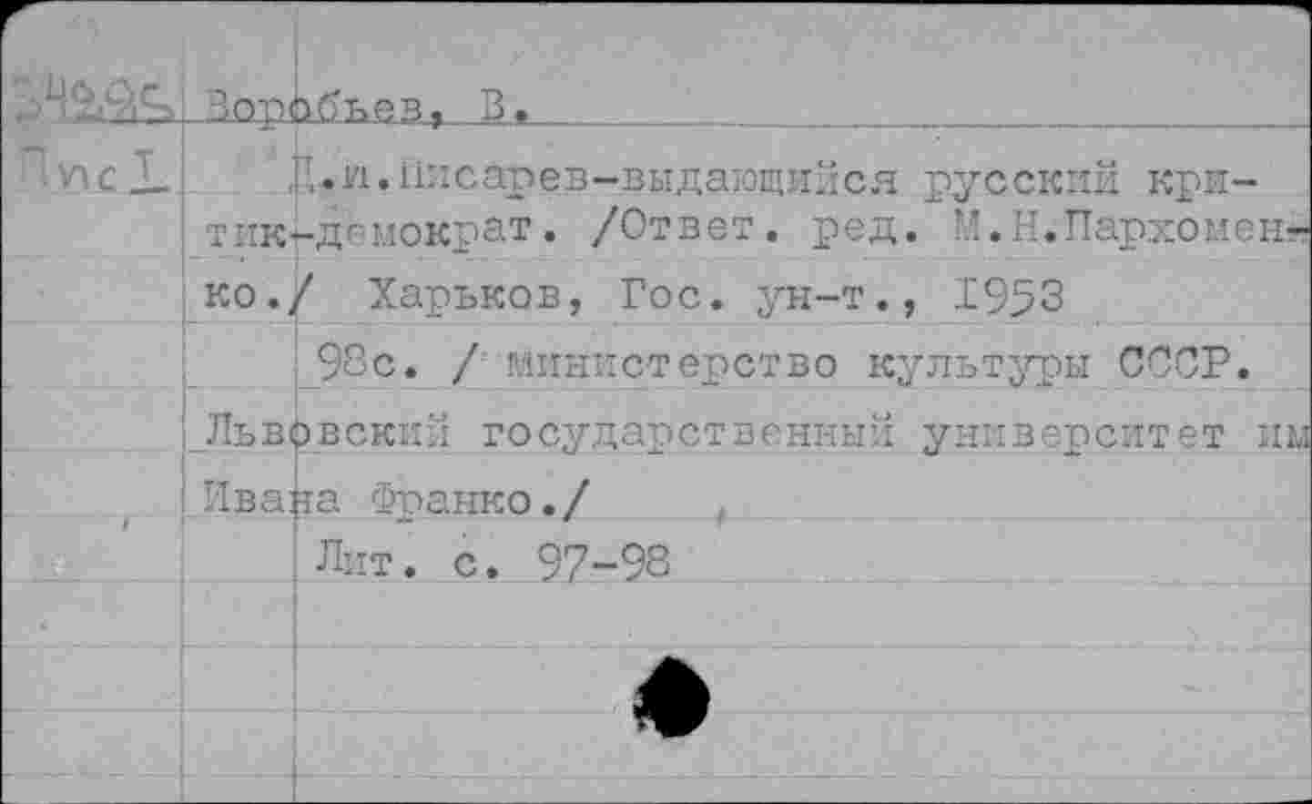 ﻿______'_____________________
Г^п.пиеарев-выдающийся русский кри-
1 с XI
тик-дс-мокра?• /Ответ, ред. М.И.Пархоменко./ Харьков, Гос. ун-т., 1953
98с. / министерство культуры СССР.
' Львовский государственный университет им
Ивана Франко./
Лит. с. 97-98